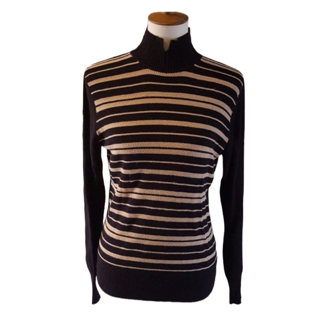 Simon‎ Chang  Black and Gold Striped Long Sleeve Turtleneck